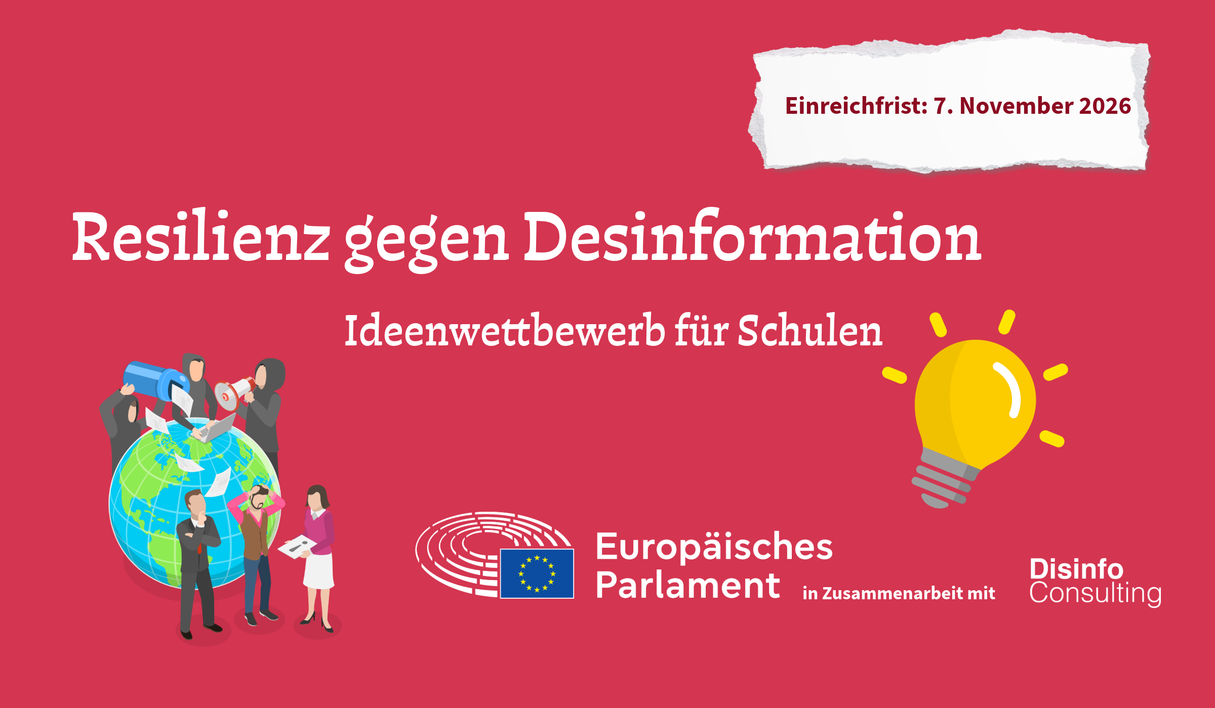 Banner roter Hintergrund mit weißer Schrift, eine Glühbirne ist zu sehen und eine Weltkugel mit Personen, die scheinbar Desinformation verbreiten