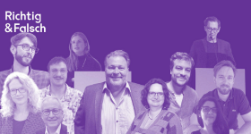 Banner mit lila Hintergrund und InterviewpartnerInnen des Podcasts 'Richtig & Falsch'