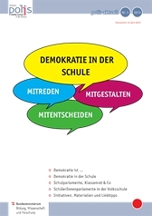 Sprechblasen in den Grundfarben Gelb, Rot, Grün, Blau, in denen 'Demokratie in der Schule', 'Mitreden', 'Mitgestalten' und 'Mitentscheiden' steht.