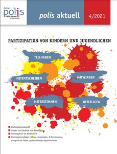 Bunte Farbklekse in rot, gelb und orange, auf denen Worte in blauen Kästen platziert sind: Mitwirken, Teilhaben, Mitbestimmen, Beteiligen, Mitentscheiden.