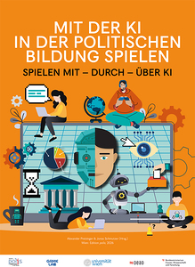 Cover in oranger Farbe mit stilisierten Figuren, die im Zusammenhang mit KI und Politischer Bildung hängen.