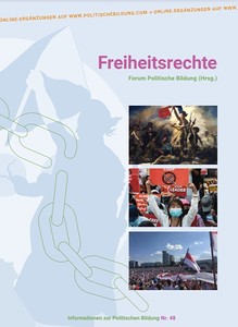 Titelblatt in hellen Grau-Blau-Tönen mit einer stilisierten Figur, die ein Banner schwenkt und gesprengten Ketten. Dazu drei kleine Farbfotos (zwei Demonstrationen und das Gemälde 'Die Freiheit führt das Volk' von Delacroix).