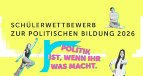 Banner Schüler:innenwettbewerb zur Politischen Bildung, Hintergrundfarbe gelb, mit jungen Menschen, ein Mädchen springt in die Luft, eine  zeigt mit dem Finger, einer sitzt im Schneidersitz