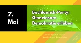 Banner mit grüner Hintergrundfarbe: Buchlaunch-Party: Gemeinsam Demokratie erleben