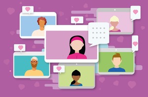 Mehrere Chatrooms vor Lila Hintergrund mit Comicfiguren