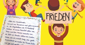 gelber Hintergrund, ein stilisiertes Kind, dass einen Banner in der Höhe hält auf dem Frieden steht, dahinter sind weitere Kinder zu sehen. Vorne ist noch ein Schreiben an den Bundespräsidenten abgebildet.
