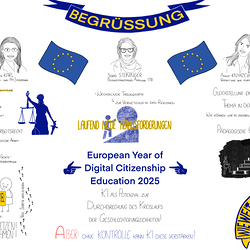 Grafische Darstellung zur Begrüßung der Tagung zum Thema „Frauenrechte und Gleichstellung in der EU“. Oben steht groß das Wort „Begrüßung“ in einem blauen Banner. Abgebildet sind gezeichnete Porträts von drei Sprecherinnen: Beatrix Karl (Rektorin der