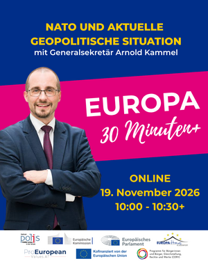 Ankündigung Europa 30 Minuten+ mit Foto von Arnold Kammel, blauer Hintergrund, in der Mitte pinker Balken, Text und Logos