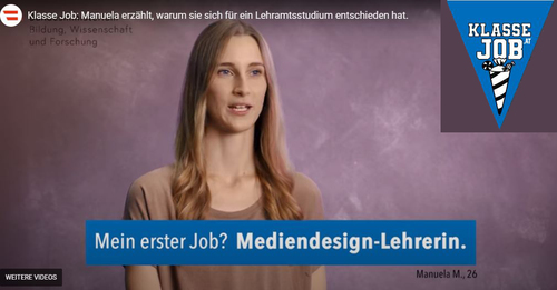 Der Bildtext lautet: 'Mein erster Job: Mediendesign-Lehrerin.'