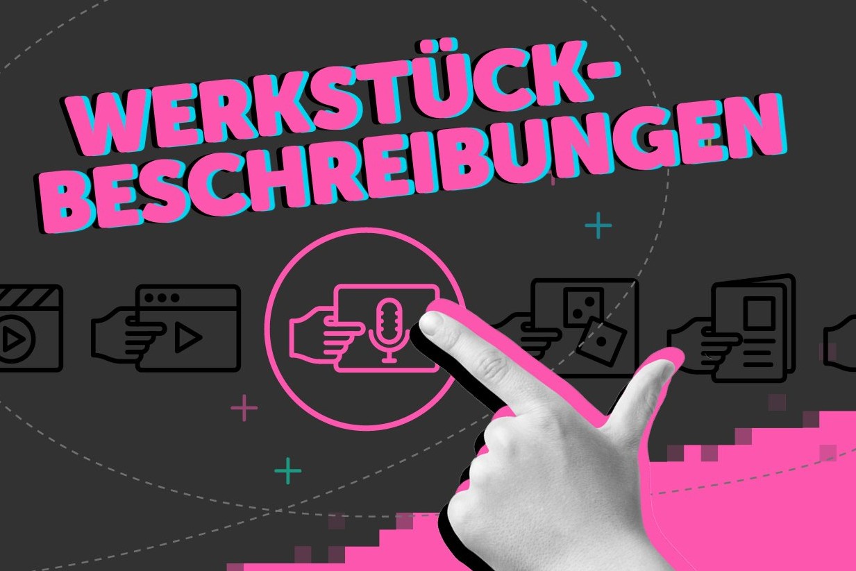 Eine Hand mit ausgestrecktem Finger, die auf einen Button drückt. Hintergrund schwarz und pink
