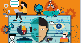 Banner 'Mit der  KI in der Politischen Bildung spielen'. oranger Hintergrund, stilisierte Bilder
