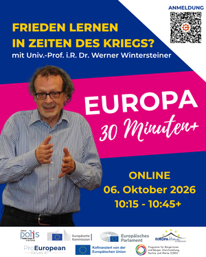 Ankündigung Europa 30 Minuten+ mit Foto von Werner Wintersteiner, blauer Hintergrund, in der Mitte pinker Balken, Text und Logos