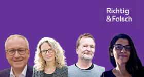 Lila Hintergrund mit dem Text Richtig & Falsch und Portraits von den InterviewpartnerInnen: Wolfgang Sander, Heike Krösche, Timo Brunnbauer, Alexander Amante