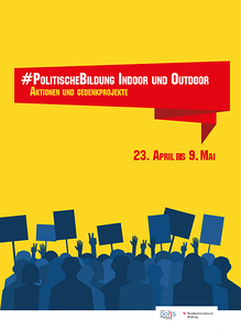 Titelblatt der Aktionstagebroschüre in sattem Gelb mit roten und blauen Farbelementen.