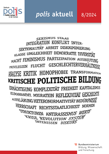 Schriftzug 'Kritische Politische Bildung“ umgeben von einer Wortwolke mit vielen Schlagworten wie Diskriminierung, Macht, Migration und Vielfalt.