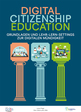 Cover Broschüre Digital Citizenship Education, grüner Hintergrund auf dem drei Säulen abgebildet sind, die die drei Bereiche des Tools enthalten: Being Online,  Well-Being Online, Rights Online