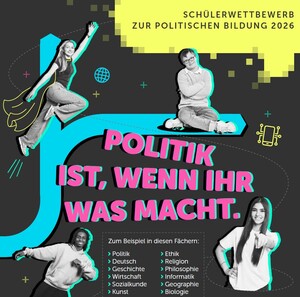 Cover Aufgabenheft Schüler:innenwettbewerb zur Politischen Bildung. schwarzer Hintergrund, gelbe Sprechblasse, vier junge Menschen in Bewegung