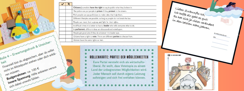 Collage mit Texten und Bildern, Hintergrundfarbe Orange