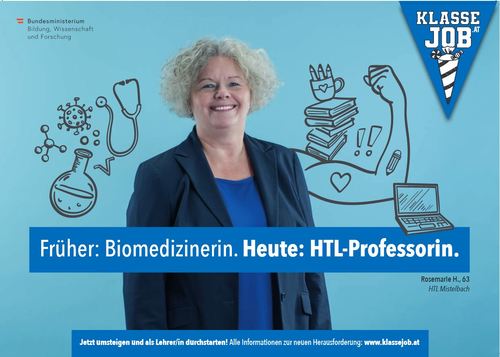 In Blautönen gehaltenes Bild, auf dem eine Frau abgebildet ist. Der Bildtext sagt, dass sie früher Biomedizinerin war, heute HTL-Professorin.