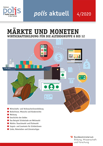 Titelbild mit grauem Hintergrund, auf dem verschiedene bunte Illustrationen mit Bezug zum Thema drapiert sind, etwa Handy, Geldscheine, Kakaobohnen, Schokoladentafel, Frachtschiff.