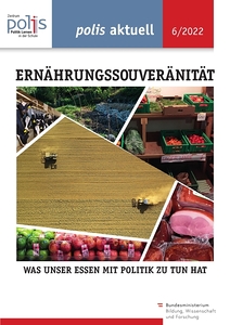 Collage von Bildern, die mit Ernährung zu tun haben: Getreidefeld, Schinken in einer Auslage, Gemüsekisten in einem Regal, Kühe in einem Stall.