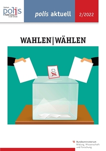 Wahlurne mit zwei Händen, die eine Wahlkarte Richtung Einwurfschlitz halten.