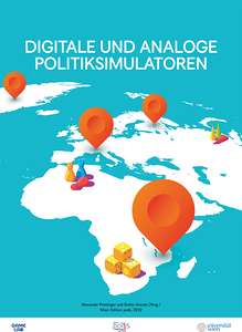 Titelblatt in Türkis gehalten. Auf einer stilisierten Weltkarte sind Spielfiguren, Würfel und Positionsmarker dargestellt.