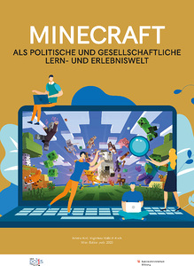 Titelblatt Minecraft mit einer stilisierten Tastatur und Menschen, die Minecraft spielen.