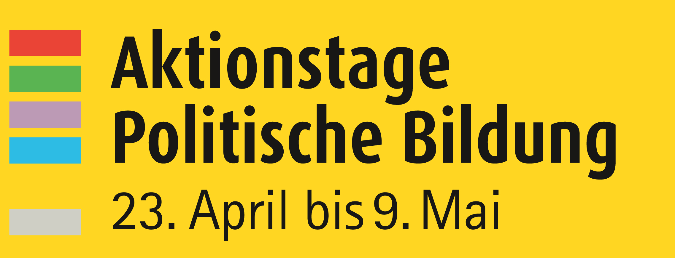Logo der Aktionstage Politische Bildung in gelber Farbe mit bunten Querbalken als Schmuck. Textinfo: 23. April bis 9. Mai.