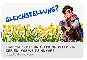 Screenshot des Actionbounds zum Thema Gleichstellung mit einer jungen Frau, die auf einer Blumenwiese sitzt.
