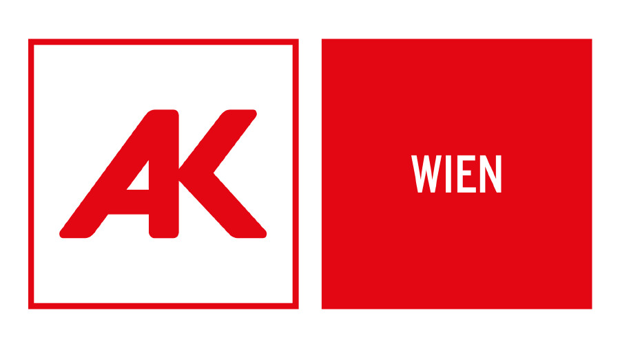 Logo der Arbeiterkammer Wien: Links rotes Kürzel ‚AK‘ in einem weißen Quadrat mit rotem Rahmen, rechts rotes Quadrat mit weißer Schrift ‚WIEN