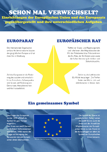 Deckblatt des Faltblatts mit einem gelben EU Stern in der Mitte und grundlegenden Informationen zu EU und Europarat.