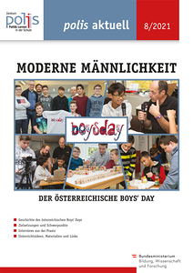 Im Zentrum der Schriftzug Boys' Day. Rundherum Buben und junge Männer in Workshopsituationen.