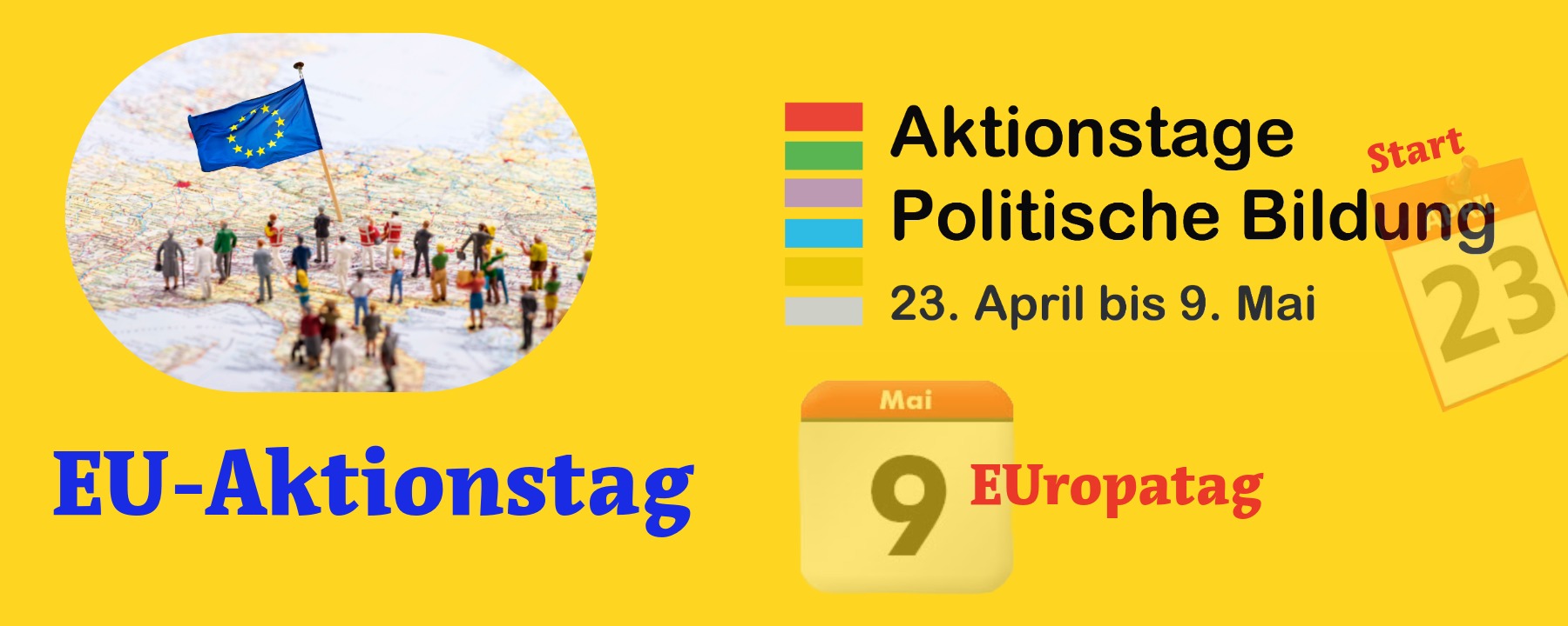 Banner gelber Hintergrund mit einem Bild auf dem auf einer Landkarte Menschen gehen und die EU-Flagge ist gehisst.