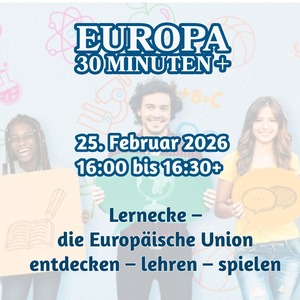 Auf dem Bild ist der Titel und Uhrzeit der Veranstaltung sichtbar. Am Hintergrund sind ein Mann und zwei Frauen zu sehen, die sich freuen. Farbton: in Blau gehalten.