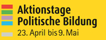 Logo der Aktionstage Politische Bildung in gelber Farbe mit bunten Querbalken als Schmuck. Textinfo: 23. April bis 9. Mai.