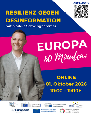 Ankündigung Europa 60 Minuten+, blauer Hintergrund, pinker Balken in der Mitte, Foto von Markus Schwinghammer und Text wann das Europa 60 Minuten+ stattfindet.
