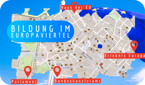 Bildung im Europaviertel / Zentrum polis Karte vom 1. Bezirk und Ort die besucht werden sind markiert. Im Hintergrund eine Europaflagge und blauer Himmel
