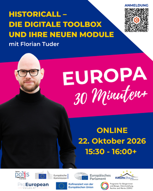 Banner Europa 30 Minuten+ mit Florian Tuder mit blauer Hintergrundfarbe und pinkem Balken und einem Foto von Florian Tuder