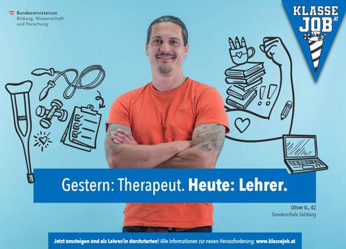 Der Bildtext lautet: 'Früher: Therapeut, heute: Lehrer'.