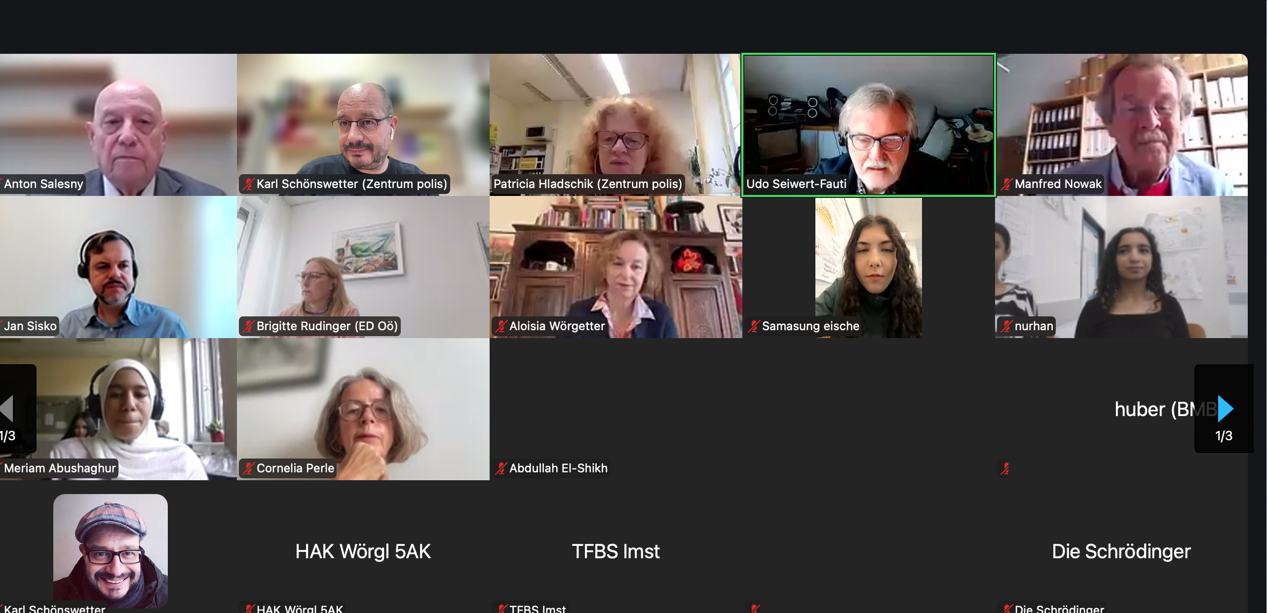 Screenshot Europa 90 min.+ / Zentrum polis Screenshot Europa 90 min.+: Einige Teilnehmende haben den Bildschirm aufgedreht, bei anderen sieht man nur eine schwarze Kachel