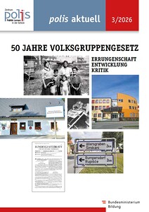 Titelblatt von „polis aktuell“ 3/2026 zum Thema „50 Jahre Volksgruppengesetz. Errungenschaft, Entwicklung, Kritik“. Zu sehen sind mehrere Bilder: historische und aktuelle Aufnahmen von Angehörigen österreichischer Volksgruppen, ein zweisprachiges Ort