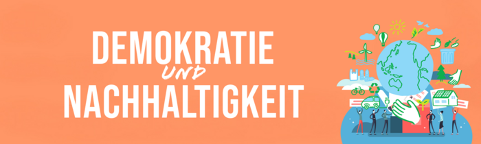 Banner Demokratie und Nachhaltigkeit, apricot Hintergrund und stilisierte Erdkugel 