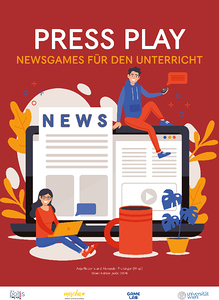 Titelblatt in Rot mit Menschen die Nachrichten am Tablett und auf Papier lesen.