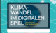 Cover der Broschüre Klimawandel im digitalen Spiel – Themenheft für Lehrkräfte. Das Titelbild zeigt einen stilisierten Computermonitor mit dem Titeltext vor einem türkisfarbenen Hintergrund, der ein digitales Netzwerk aus verbundenen Punkten und Lini