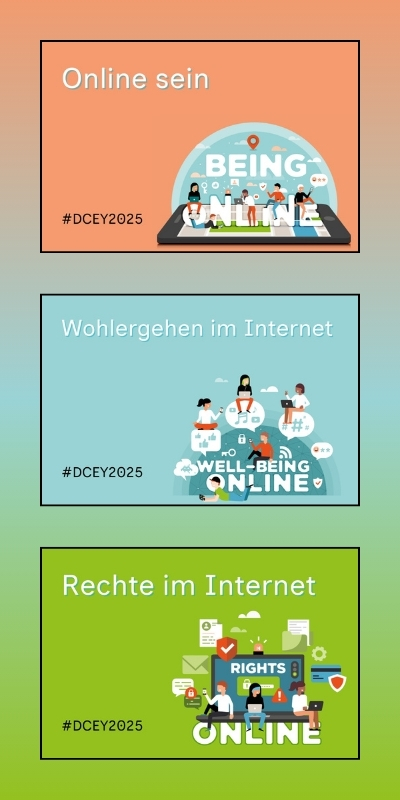 Drei übereinander angeordnete Banner im Hochformat mit dem Hashtag #DCEY2025.  Oberes Banner (orange): Text „Online sein“, Illustration einer großen Smartphone-Oberfläche, auf der Personen miteinander interagieren. Darunter steht „Being Online“.  Mit