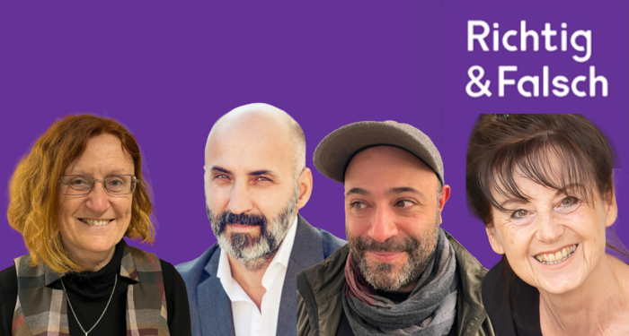 Banner Richtig & Falsch Folge 31 mit Porträts auf lila Hintergrund von Ursula Mauric, Kenan Güngor, Sina Farahmandnia, Cahterine Carre-Karlinger