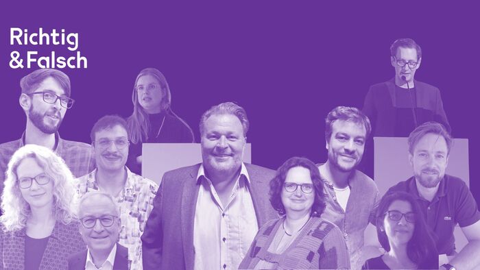 Was darf Politische Bildung? / Demokratie 21 InterviewpartnerInnen aus dem Podcast Richtig & Falsch; Lila Hintergrund