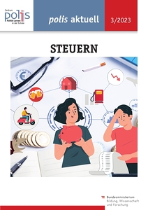 Ein Mädchen und ein Bub, umgeben von Symbolen, die mit Geld und Steuern zu tun haben. Das Mädchen hält ein Sparschwein in der Hand, der Bub eine Liste mit Zahlen.