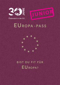 Titelblatt des EUropa-Pass Junior in dunkelroter Farbe mit goldenen EU-Sternen, einem echten Pass nachempfunden. 